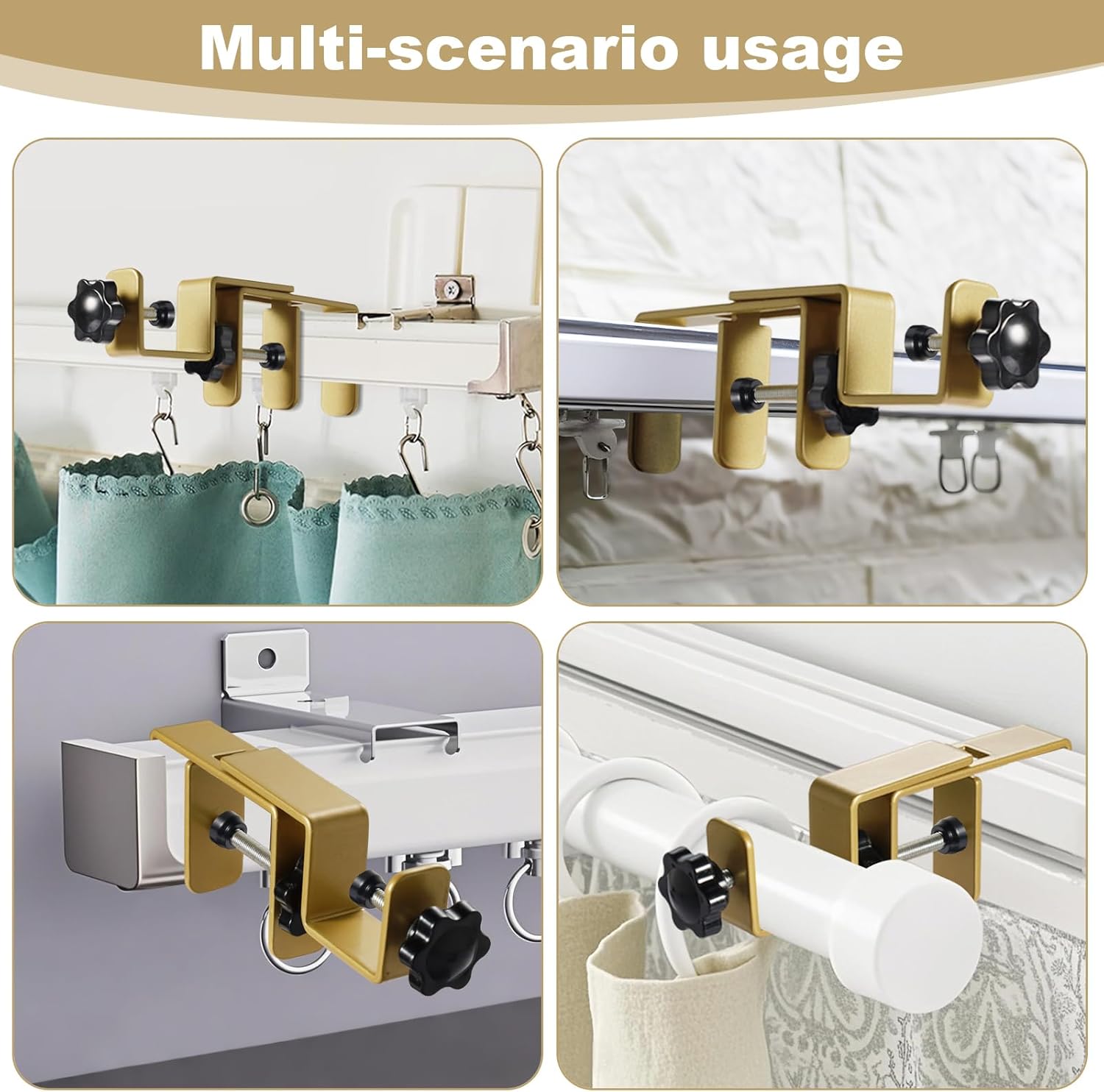 Outside Mounted Blinds Curtain Rod Bracket,Adjustable 1.2 - 2 Inch Width Track,Tool-Free and Drill-Free, Ideal for Living Rooms,Bedrooms,Restaurant and Offices Curtain Rod Brackets(Gold,2Pack)